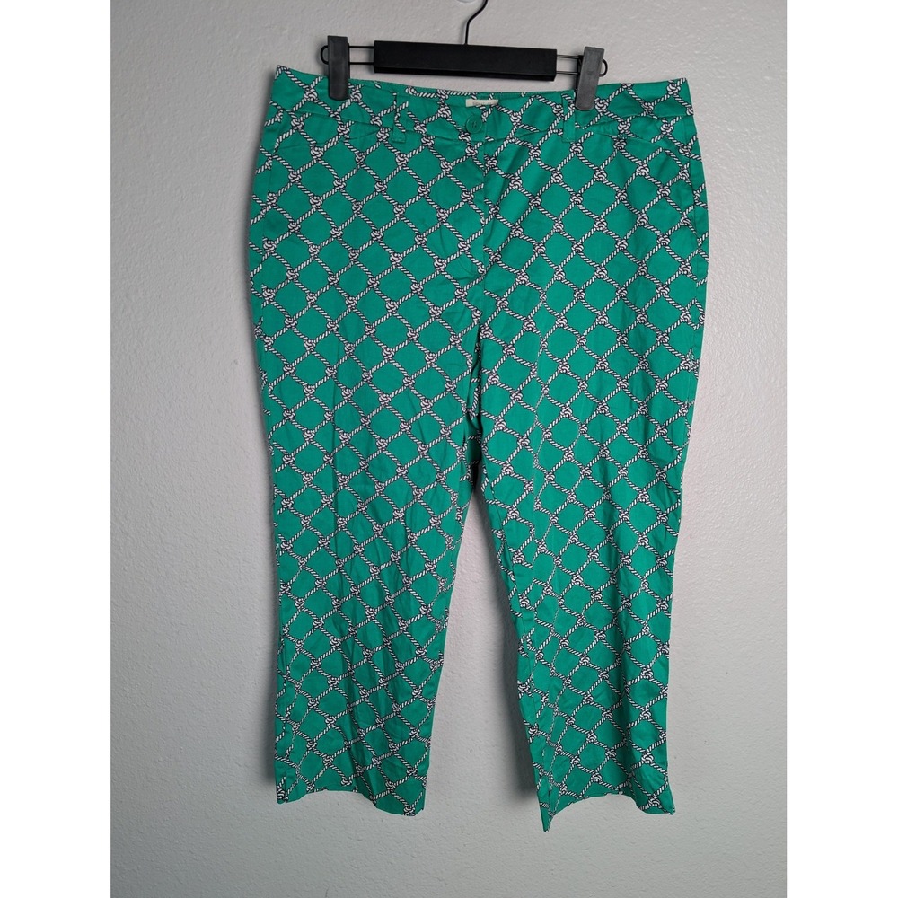 Talbots Pants Womens 12 Green Geometric Pedal Pusher Crop Stretch Pockets Zip
